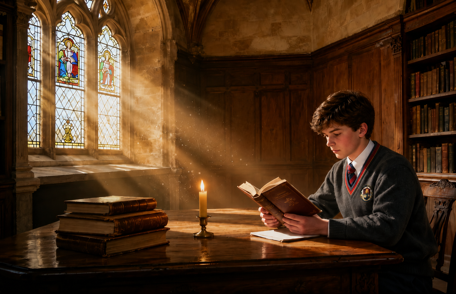 Student reading by candlelight in a sunlit gothic library