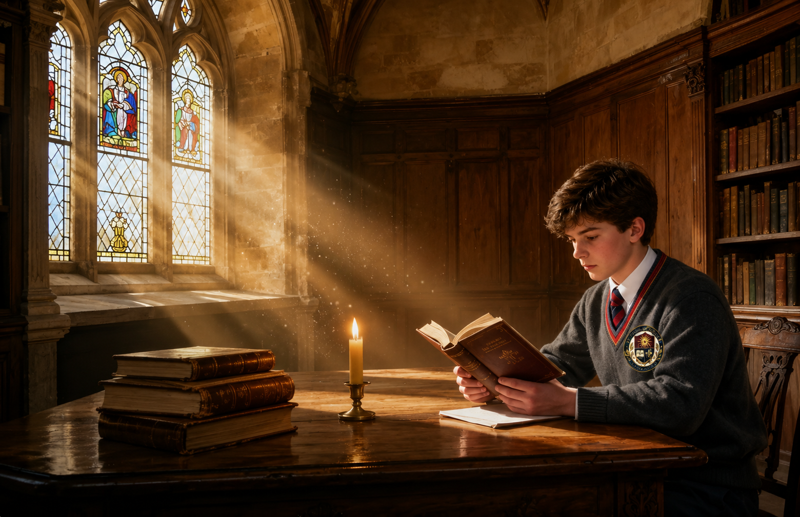 Student reading by candlelight in a sunlit gothic library